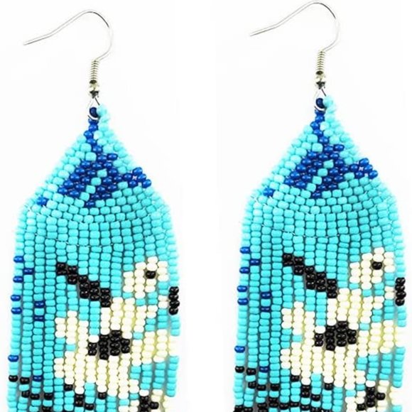 Long 5.5" Japanese White Blue Sakura Blossom Handmade Flower Oversized Earrings - Picture 3 of 6